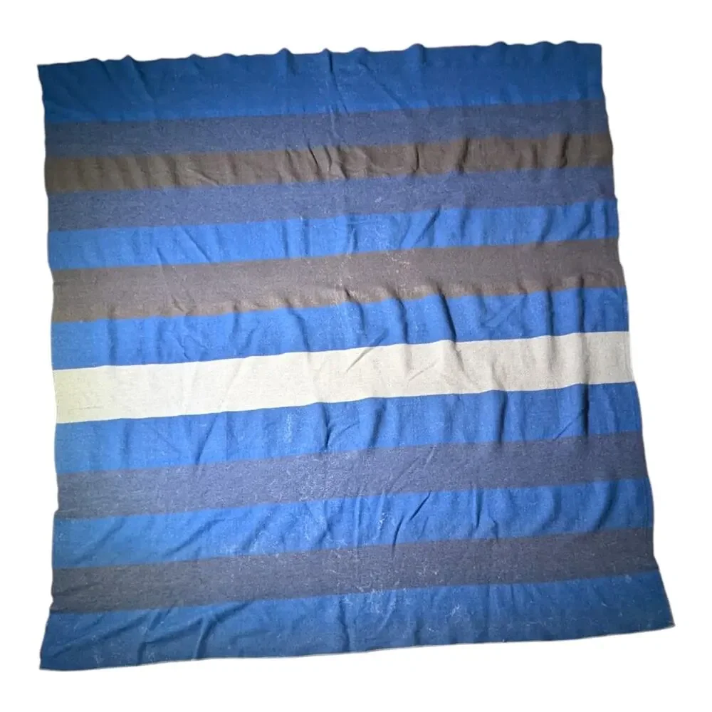 Vtg 1960s Blue Gray Color Block Stripe Wool Camp Throw Blanket 77 x 79